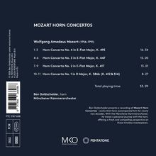 Cover mit Text „Mozart Horn Concertos“ und Werklisten von Mozart. Ben Goldscheider, Horn, Münchener Kammerorchester.