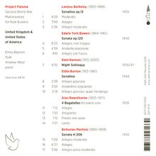 Texte: "Project Paloma", "Second World War Masterpieces", "total time: 68’35". Liste von Musikstücken, Komponisten, Jahre. Oben rechts ein Logo mit stilisierter Flöte. Links unten eine Taube.