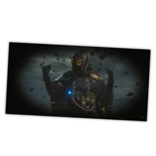 Eine dunkel bekleidete, maskierte Figur mit blauem Licht, umgeben von schwebenden Trümmern.