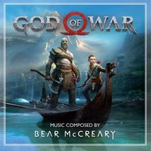 „God of War“, „Music composed by Bear McCreary“. Zwei Krieger auf einem Boot in einer epischen Landschaft.
