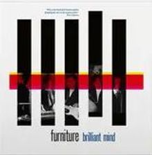 Text: "furniture brilliant mind" in schwarz und blau. Illustration mit vertikalen schwarzen Streifen vor buntem Hintergrund.