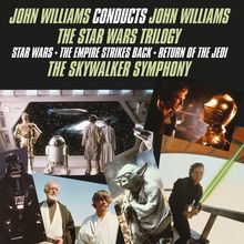 Text über mehreren Bildern: "John Williams Conducts John Williams", "The Star Wars Trilogy", "The Skywalker Symphony".