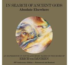 „IN SEARCH OF ANCIENT GODS“, Illustration mit einem geheimnisvollen Gesicht in bunten, abstrakten Farben.