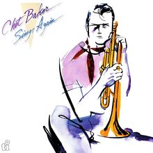 "Chet Baker Sings Again" in schwungvoller Schrift. Illustration: Mann mit Trompete in lockerer, bunter Aquarelltechnik.