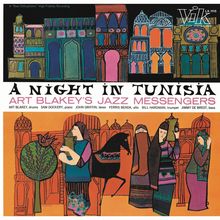 "A Night in Tunisia" und "Art Blakey's Jazz Messengers" sind prominent. Darunter eine bunte Illustration mit Personen und Gebäuden.