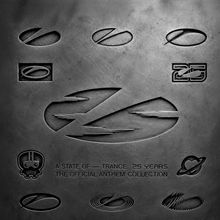 "A State of Trance 25 Years The Official Anthem Collection". Verschiedene strukturierte Logos auf metallischem Hintergrund.
