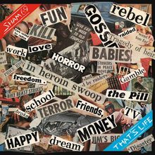 Collage aus Zeitungsausschnitten: Wörter wie FUN, GOSSIP, KILL, HORROR, BABIES, MONEY. Farbe: Bunt mit roten und blauen Akzenten.