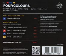 "FOUR COLOURS. SINFONIE NR. 1 MARCO PÜTZ. DORA PEJAČEVIĆ. Gesamtlaufzeit: 43:52." Audiotitel und Dirigent sind auch angegeben.