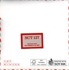 Text auf weißem Hintergrund: „NCT 127, WOULD YOU BE THERE FOR ME?“ Unten rechts: FSC-Logo, "PRINTED WITH SOY INK". Umrandung rot-weiß.