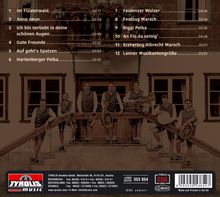 Trackliste mit 12 Titeln, darunter "Im Flüsterwald" und "Anno neun". Darunter posiert eine Band mit Instrumenten. Tyrolis Logo.