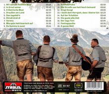 Text: Liederliste (1-18), Kontaktinfos und "Roßfeld Musi". Vier Männer in Tracht mit Instrumenten, Berglandschaft im Hintergrund.