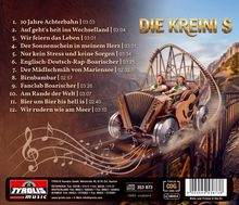 Albumtitel "Die Kreini's" und Liedertitel mit Zeiten. Illustration: Zwei Personen in einem Achterbahnwagen aus Instrumenten.