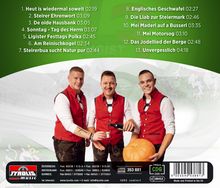 Eine Trackliste mit 13 Titeln auf grünem Hintergrund. Darunter drei Männer in Tracht mit Kürbis und Schnaps. Unten ein Logo.