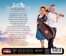 Albumtitel: "Musik verbindet - Freunde fürs Leben" von Zaitlos. Zwei Musiker mit Instrumenten vor blauem Himmel.