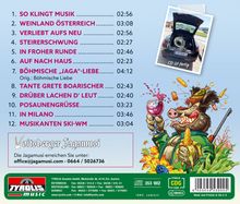 Liste von Musiktiteln mit Dauer, darunter Titel wie "So klingt Musik" und "In Milano". Illustration eines fröhlichen Wildschweins.