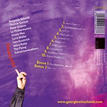 Texte: Featuring Künstlerliste, 10 Musikstücke, Bonus-Tracks. Hintergrund: Hand auf lila-rosa Muster. Link: www.georgbreinschmid.com.