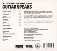 NORBERT SCHNEIDER - GUITAR SPEAKS: Trackliste mit Zeiten, Musikerinformationen. Albumtext beschreibt Musikstil. Logo von Hoanzl.