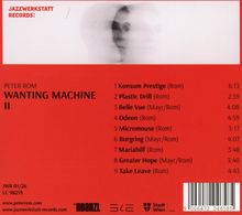 Titel: WANTING MACHINE II. Künstler: Peter Rom. Trackliste mit 9 Titeln und Laufzeiten. Hintergrund rot.