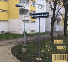 "22. Drahdiwaberlgasse" auf einem Straßenschild. Es gibt Wohngebäude, Bäume und einen Gehweg.