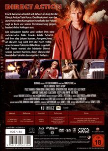 "Direct Action" in großen Buchstaben. Ein Mann in roter Jacke, Explosion im Hintergrund, vier Actionszenen darunter. FSK 18 Symbol.