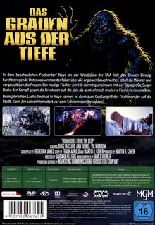"DAS GRAUEN AUS DER TIEFE" steht oben. Darunter ist ein Monster mit roten Augen und Klauen dargestellt, umgeben von Textpassagen.
