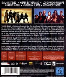 Oben Namen: Emilio Estevez, Kiefer Sutherland, u.a. Text über zwei Filme: "Young Guns" und "Young Guns 2: Blaze of Glory".