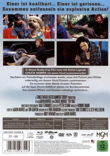 „Einer ist knallhart... Einer ist gerissen... Zusammen entfesseln sie explosive Action!“ Vier Filmausschnitte, darunter ein Hund.