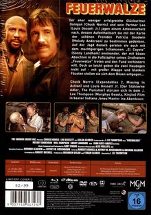 "FEUERWALZE" in großer roter Schrift, darunter Chuck Norris und Louis Gossett Jr. in einer Abenteuergeschichte.