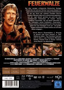 Eine Illustration zeigt einen Mann mit Waffe. Titel: Feuerwalze. Text über Schatzsuche und Abenteuer mit Chuck Norris.