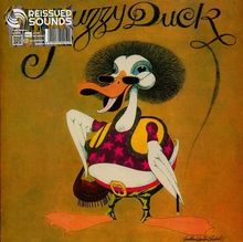 "Reissued Sounds - Fuzzy Duck." Zeichnung: Ente mit Afro, Sonnenbrille, pinkem Sternen-T-Shirt, grünem Gürtel.