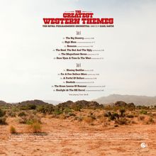 "The Greatest Western Themes" listet 12 Musiktitel. Darunter "The Big Country", "High Noon" und "Bonanza". Wüstenlandschaft im Hintergrund.