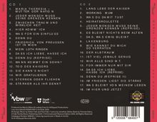 Zwei Listen mit Titeln für CD 1 und CD 2 von "Maria Theresia - Das Musical". Links und rechts vertikale Streifen mit dem Titel.