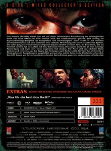 Zwei Augen sind oben prominent zu sehen. Es gibt Text über einen Rachefilm und Extras wie Interviews. "Was für ein brutales Brett!"