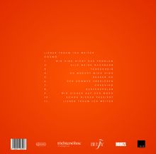 Trackliste eines Albums auf orangefarbenem Hintergrund. Enthält elf Titel. Unten vier Logos verschiedener Firmen.