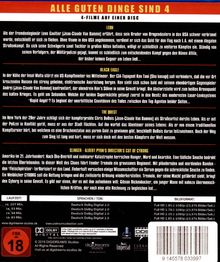 Titel: "ALLE GUTEN DINGE SIND 4 - 4-FILME AUF EINER DISC". Beinhaltet Beschreibungen der Filme "Leon", "Black Eagle", "The Quest", und "Slinger - Albert Pyun's Director's Cut of Cyborg". Unten stehen Laufzeiten, Sprachen und Bildformate. Enthält ein Altersfreigabe-Logo "FSK 18".