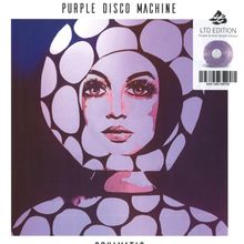 Text: "Purple Disco Machine", "LTD Edition", "Purple & Gold Splash Edition". Illustration: Frau mit kreisförmigem Muster.