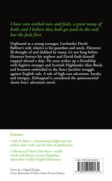 Zitat: "I have seen wicked men and fools..." Klappentext über David Balfour und seine Abenteuer, Merkmale: "Life & Times", "Glossary".