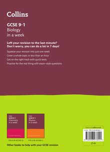 "Collins GCSE 9-1 Biology in a week" auf lila Hintergrund, mit Tipps zum effizienten Lernen. Unten Biologie- und Physikbuch-Cover.
