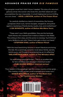 Texte: Zitate von Ariel Lawhon, Lisa Wingate, Stephen King, Melanie Benjamin, Publishers Weekly, Marie Bostwick zur Empfehlung des Buches "Die Famous". Hintergrund: Rote und schwarze Farbverläufe mit Silhouetten von Bäumen.