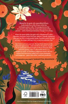 Text über Andromeda, Poseidon und Ceto vor einem Hintergrund mit orangefarbenen Bäumen und weißer Blume.