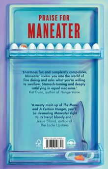 Text: "Praise for MANEATER." Zitate beschreiben ein unterhaltsames, spannendes Buch. Darstellung eines blutbefleckten Eis mit Gabel.
