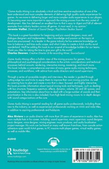 "Game Audio Mixing" wird als unverzichtbare Lektüre beschrieben. Erfahrungsberichte von Fachleuten und Autor Alex Riviere.