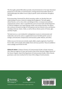 Es wird ein Buch beschrieben, das ethische Theorien in Kommunikation behandelt, mit Fokus auf soziale Medien und KI.