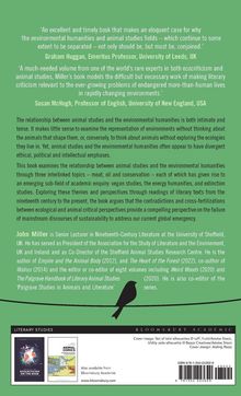 Grüner Hintergrund mit Rezensionen und Zusammenfassung eines Buches über Umwelt- und Tierstudien. Ein Vogel sitzt auf einem Kabel. Unten das Logo von Bloomsbury Academic.