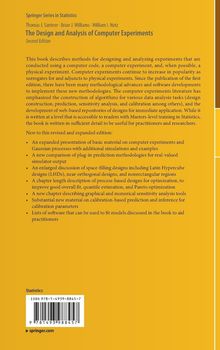 Ein senffarbener Buchrückentext erklärt Methoden zur Gestaltung und Analyse von Computerexperimenten, detailliert Inhalte der neuen Auflage und listet Software zur Modellanpassung. Oben steht "Springer Series in Statistics". Unten ein Barcode und eine Website.