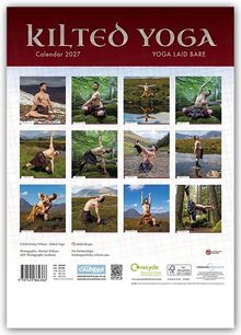 "Kilted Yoga: Calendar 2027. Yoga Laid Bare." Es zeigt Männer in Kilts, die Yoga in der Natur praktizieren.