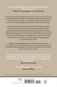 Buchrückseite mit Zitaten und Beschreibung: Eine Biografie über Christopher Isherwood, verfasst von Katherine Bucknell.