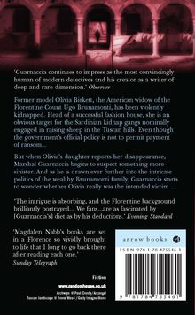 Texte: „Guarnaccia beeindruckt als moderner Detektiv“, „Olivia Birkett wurde entführt“, „Florenz lebendig dargestellt“. Logo: „arrow books“. Oben: Rötlich beleuchtete Arkaden.