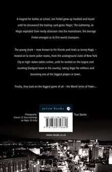 Text über Jon Finkel's Aufstieg im Kartenspiel, Arrow Books Logo, Las Vegas Skyline bei Nacht unten.