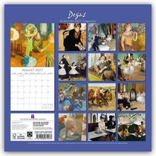 "Degas 16-Month 2027 Calendar." "August 2027" auf einem Kalenderblatt. Verschiedene impressionistische Gemälde von Tänzern und Alltagsszenen.
